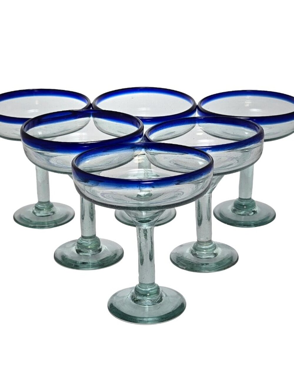 Vintage Mexican Hand Blown Margarita Glasses Cobalt Blue Rim Heavy Base Set of 6